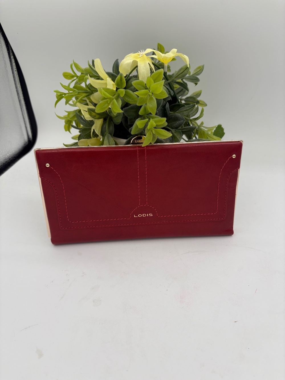 LODIS Red Leather Clutch Wallet with Stitch Detail